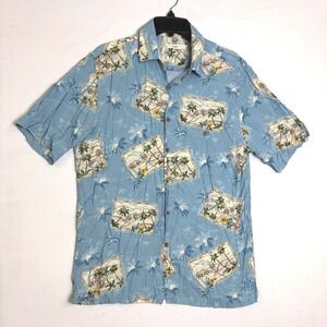 Moda‎ Campia Moda Mens Blue Tropical Palm Tree Postcard Rayon Aloha Shirt Medium